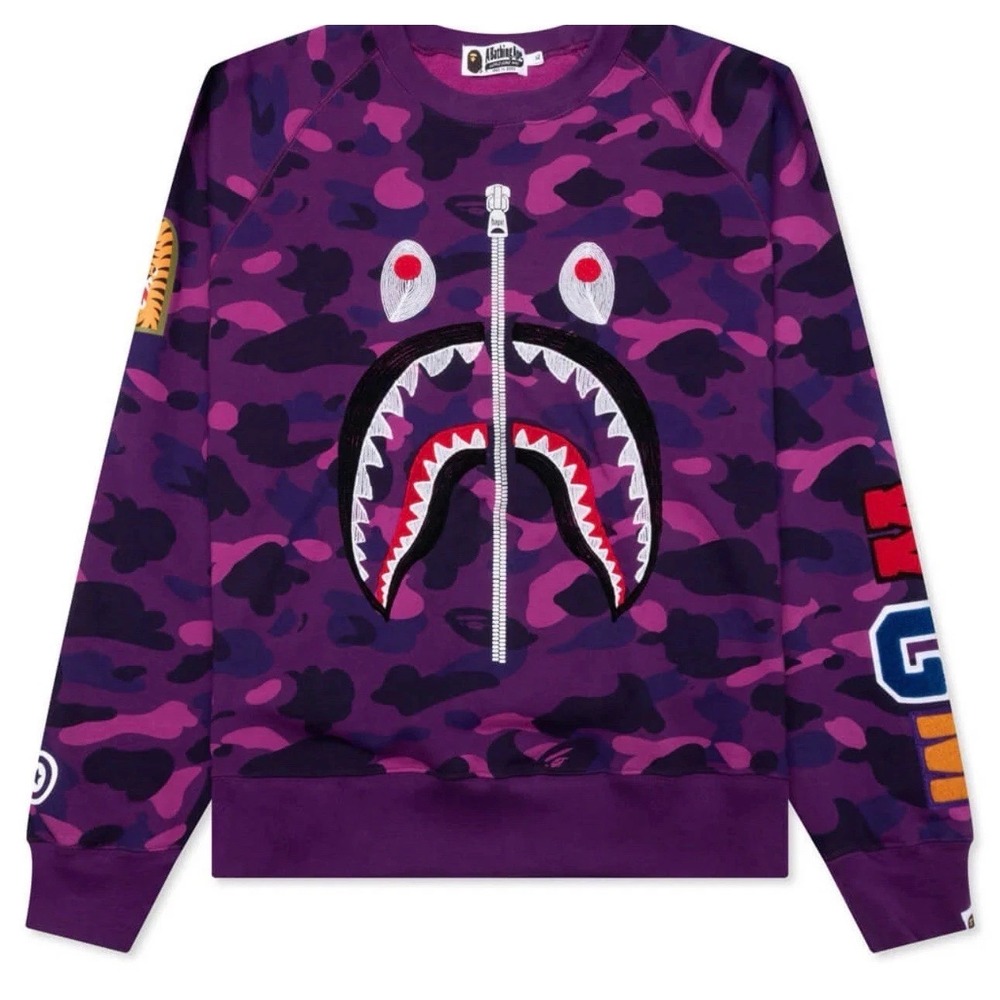 A Bathing Ape BAPE Shark Color Camo WGM Purple Crewneck Sweatshirt XL New